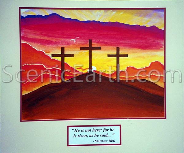 Risen As He Said - An Original Acrylic painting of the three crosses of Mount Calvary silhouetted against a beautiful sunset of orange, red, purple and golden colors